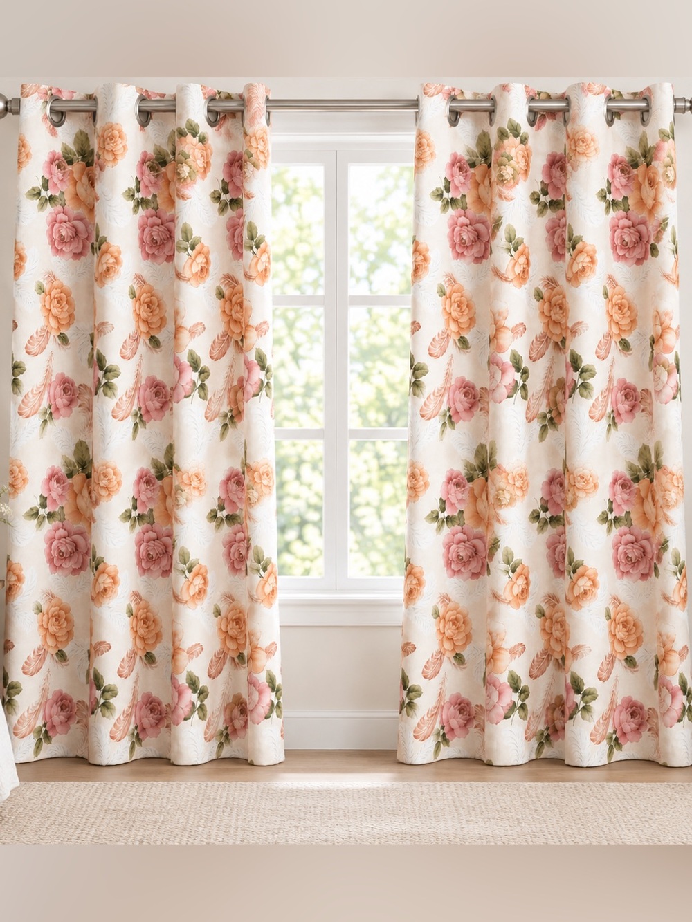 Set of 2 Floral Rose & Feather Grommet Curtain Panels